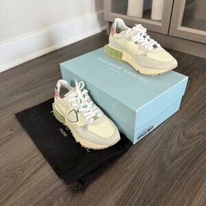 Philippe Model La Rue Grey Suede Low Top Sneakers 38 NEW Neon Green Mesh Inserts